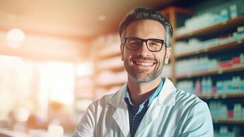 ai generado cortés sonriente masculino farmacéutico en blanco Saco ayuda clientela en farmacia Proporcionar Consejo foto