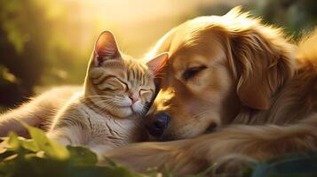AI generated Endearing cat and cute dog lie side by side on sun drenched grass, basking in warmth and harmony photo