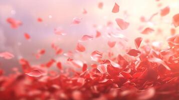 AI generated Red rose petals gently falling in soft sunlight, fragile feminine background photo