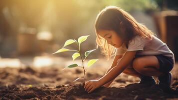 AI generated Little girl carefully plants tree sapling in ground of sunlight garden creating heartwarming scene photo