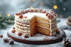 AI generated A stylish handmade cake with a cut-out piece stands on the stand of the kitchen table photo