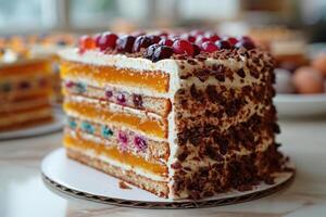 AI generated A stylish handmade cake with a cut-out piece stands on the stand of the kitchen table photo