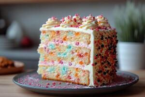 AI generated A stylish handmade cake with a cut-out piece stands on the stand of the kitchen table photo