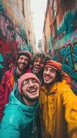 AI generated A reusable young group of happy people takes a selfie photo on a camera outside