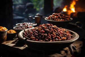 AI generated Roasted coffee beans close-up in dishes . Colombian coffee photo