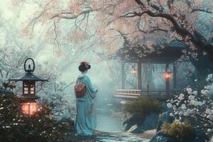 AI generated Asian girl of Japanese nationality in a national costume on the background of a Japanese garden photo