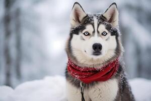 ai generado un siberiano fornido perro en un Nevado invierno bosque foto