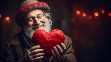 AI generated Old Man holding heart symbol valentine day gift. Love and romantic emotion concept. photo