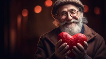 AI generated Old Man holding heart symbol valentine day gift. Love and romantic emotion concept. photo