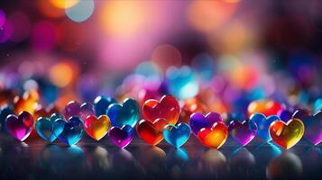 AI generated Hearts on blurred Background banner. Bokeh wallpaper. Love Concept. photo