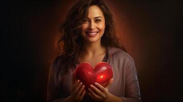 AI generated Woman holding heart symbol valentine day gift. Love and romantic emotion concept. photo