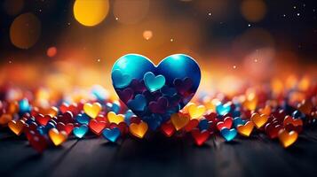 AI generated Hearts on blurred Background banner. Bokeh wallpaper. Love Concept. photo