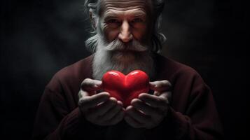 AI generated Old Man holding heart symbol valentine day gift. Love and romantic emotion concept. photo