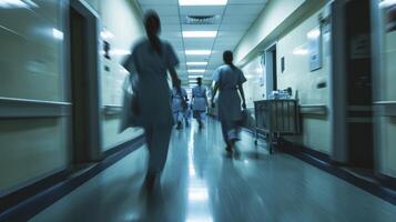 ai generado largo exposición borroso movimiento de médico doctores y enfermeras en un hospital sala vistiendo azul delantales, caminando abajo un corredor foto