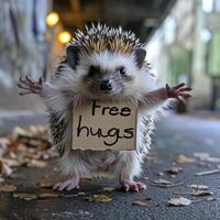 AI generated Adorable spiky hedgehog standing on a deserted street with his arms wide open for a hug. The cardboard has writing on it that says Free hugs. photo