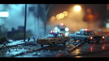 AI generated Idea for an action film. On a foggy, dark background, police cars and a miniature movie are displayed. A nighttime pursuit by a police cruiser. accident at the crime scene photo