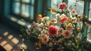 AI generated Bouquet of flowers near a window The flowers. Retro atmosphere is serene and peaceful. photo