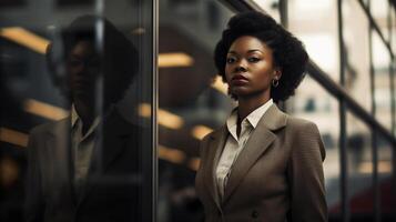 AI generated African-American Businesswoman glass reflection. Racial discrimination at work. Symbolizes both a literal and metaphorical barrier, highlighting the challenges she faces within in office. photo