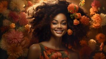 AI generated Smiling African-American woman, celebrating diversity and natural beauty. Visual representation featuring the empowering and expressive. photo