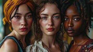 AI generated Group of beautiful different ethnicity women. Multi ethnic beauty and friendship. Portrait of diverse group of natural beautiful women photo