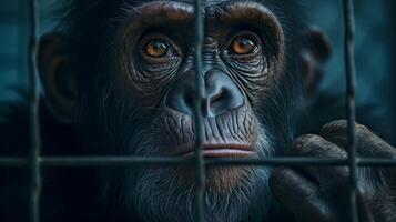 AI generated Chimpanzee in cage. Concept of keeping animals in captivity where they suffer. Prisoner. photo