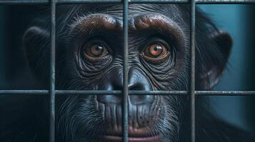 AI generated Chimpanzee in cage. Concept of keeping animals in captivity where they suffer. Prisoner. photo