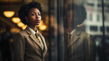 ai generado afroamericano mujer de negocios vaso reflexión. racial discriminación a trabajar. simboliza ambos un literal y metafórico barrera, destacando el retos ella caras dentro en oficina. foto