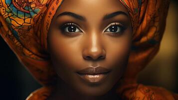 AI generated Radiant African American Beauty Close up photograph capturing the radiant and empowering beauty of an African American woman's face, perfect for celebrating diversity and individuality photo