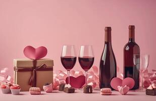 AI generated four valentines gifts with gifts, wine and candy on pink background photo