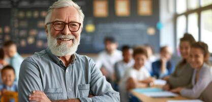 AI generated person smiling in front of people in school classroom, grandparentcore photo