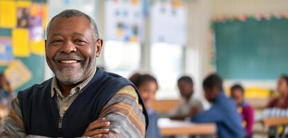 AI generated person smiling in front of people in school classroom, grandparentcore photo