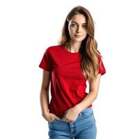 AI generated Woman in fashionable red t-shirt, blue jeans isolated photo