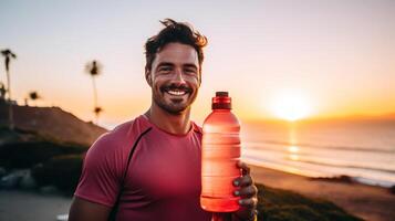 ai generado sonriente hombre vistiendo rosado camisa participación un agua botella a puesta de sol foto