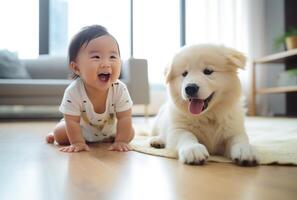 AI generated puppy playing with a baby on the floor photo