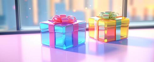 AI generated three colorful gift boxes on a glass table, photo