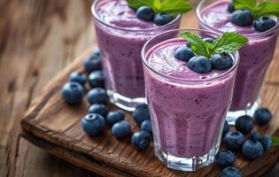 AI generated two glasses of blueberry smoothie on a wooden table photo