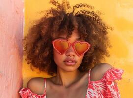AI generated woman with a curlyhaired face wearing red heart shaped sunglasses photo