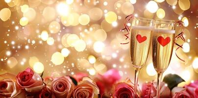 AI generated valentine's day champagne and roses with heart frame photo