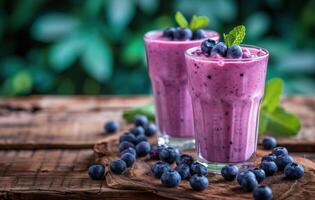 AI generated two glasses of blueberry smoothie on a wooden table photo