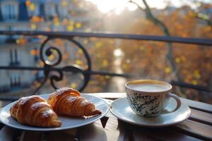 AI generated two plates of croissants and a cup of coffee sitting on a balcony on a paris cityscape photo