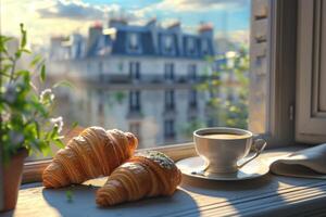 AI generated the croissants and cup of coffee are on a window photo