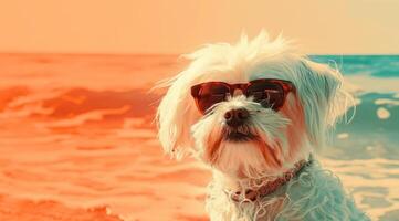 AI generated small white dog at beach with sunglasses photo