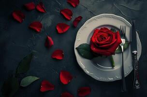 AI generated valentine food, dishes, fork, knife and rose photo