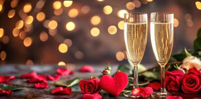 AI generated two glasses of champagne with heart shaped roses photo