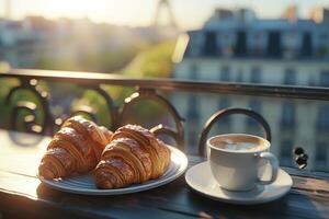 ai generado dos platos de croissants y un taza de café sentado en un balcón en un París paisaje urbano foto