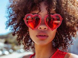 ai generado mujer con un pelo rizado cara vistiendo rojo corazón conformado Gafas de sol foto