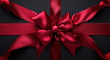 AI generated red bow gift presents ribbon bow on dark background photo