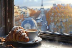 AI generated the croissants and cup of coffee are on a window photo