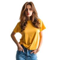 ai generado mujer en de moda amarillo camiseta, azul pantalones aislado foto