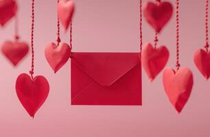 AI generated red envelope with red hearts hanging from it with pink in behind photo